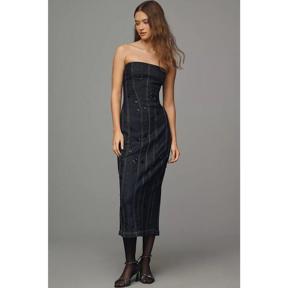 NWT By Anthropologie Strapless Beaded Denim Dress MIDI $188 SMALL Dark Blue - Picture 1 of 3